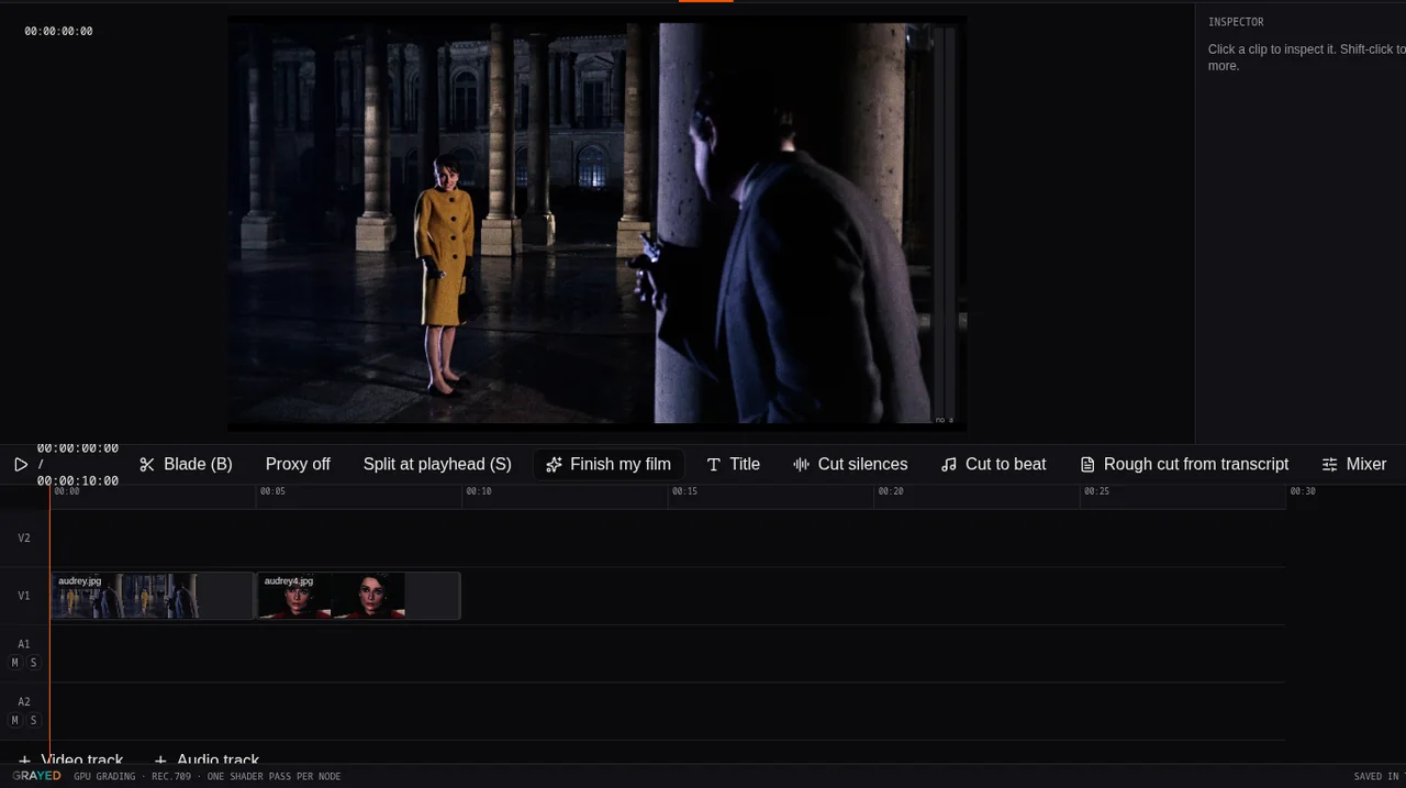 Two film stills placed on the editor timeline beneath the preview monitor
